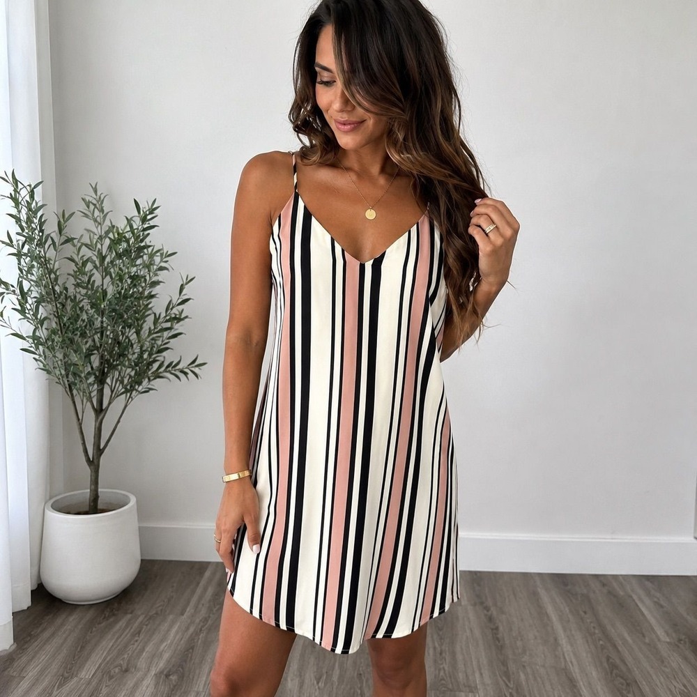 Style Rack Womens Pink Black Cream Striped V-Neck Racerback Mini Dress